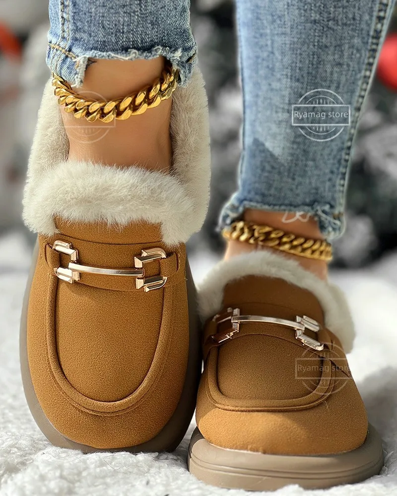 Snow Boots Women's Fuzzy Detail Winter Lined Shoes Woman Flats Round Toe Sneakers Slip-on Loafers Fur Winter Retro Slip on New