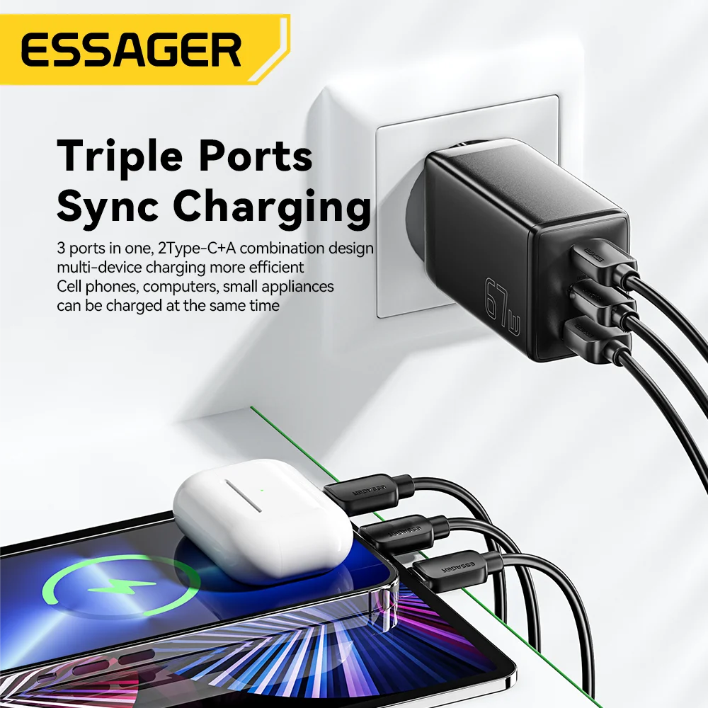 Essager 67W GaN USB Charger Quick Charge QC3.0 PD PPS USB Type C Charger For IPhone 14 13 Macbook Laptop iPad Xioami Samsung S23