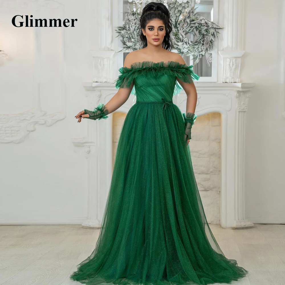 

Glimmer Sparkly Off The Shoulder Evening Gowns For Women Strapless Zipper Bowknot Sequin A-line Pleat Robes De Soirée Customised