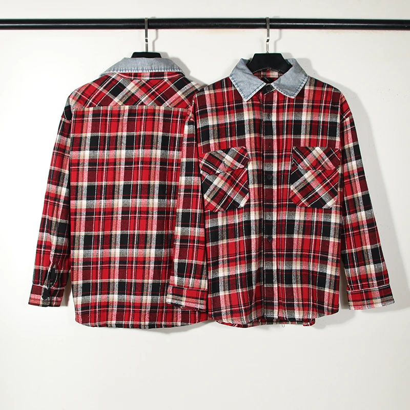 Kanye Vintage Cowboy Collar Plaid Shirt Men Streetwear Urban Oversize Casual Long Sleeve Checkered Shirts Outwear Unisex Clothes