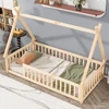 Tent-shaped Floor Bed, Bed with Guardrails, Slats,Natural 2