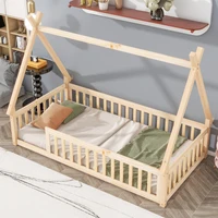 Tent-shaped Floor Bed, Bed with Guardrails, Slats,Natural 2