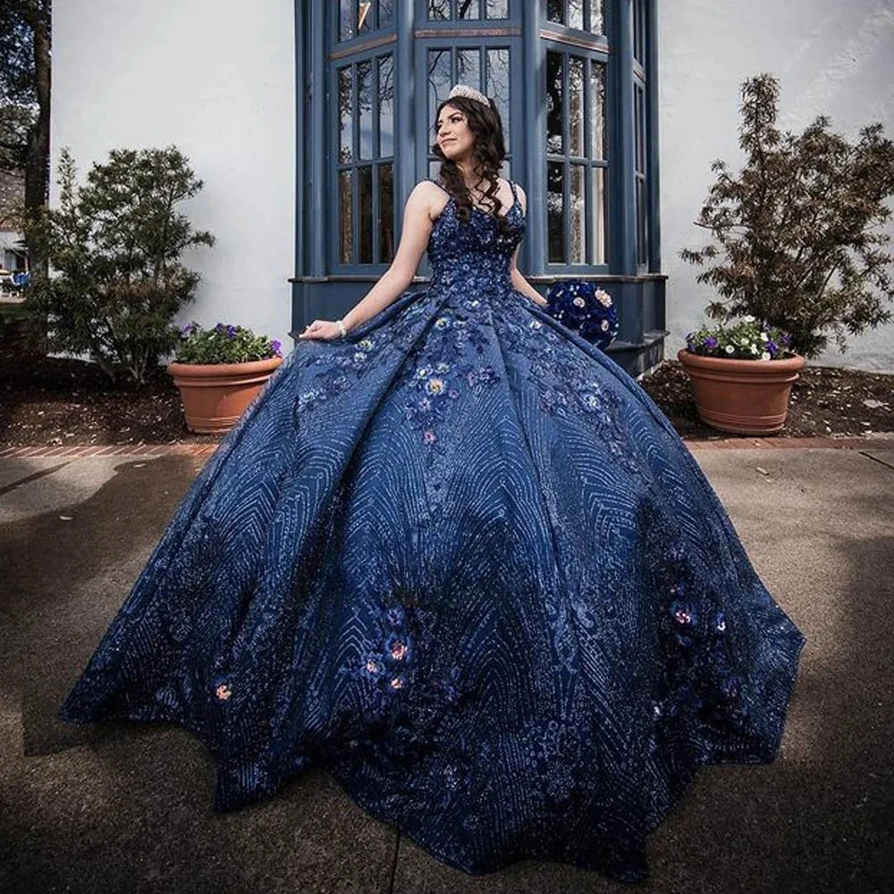 

Blue Princess Quinceanera Dresses Ball Gown Spaghetti Straps Appliques Lace Sparkle Sweet 16 Dresses 15 Años Custom