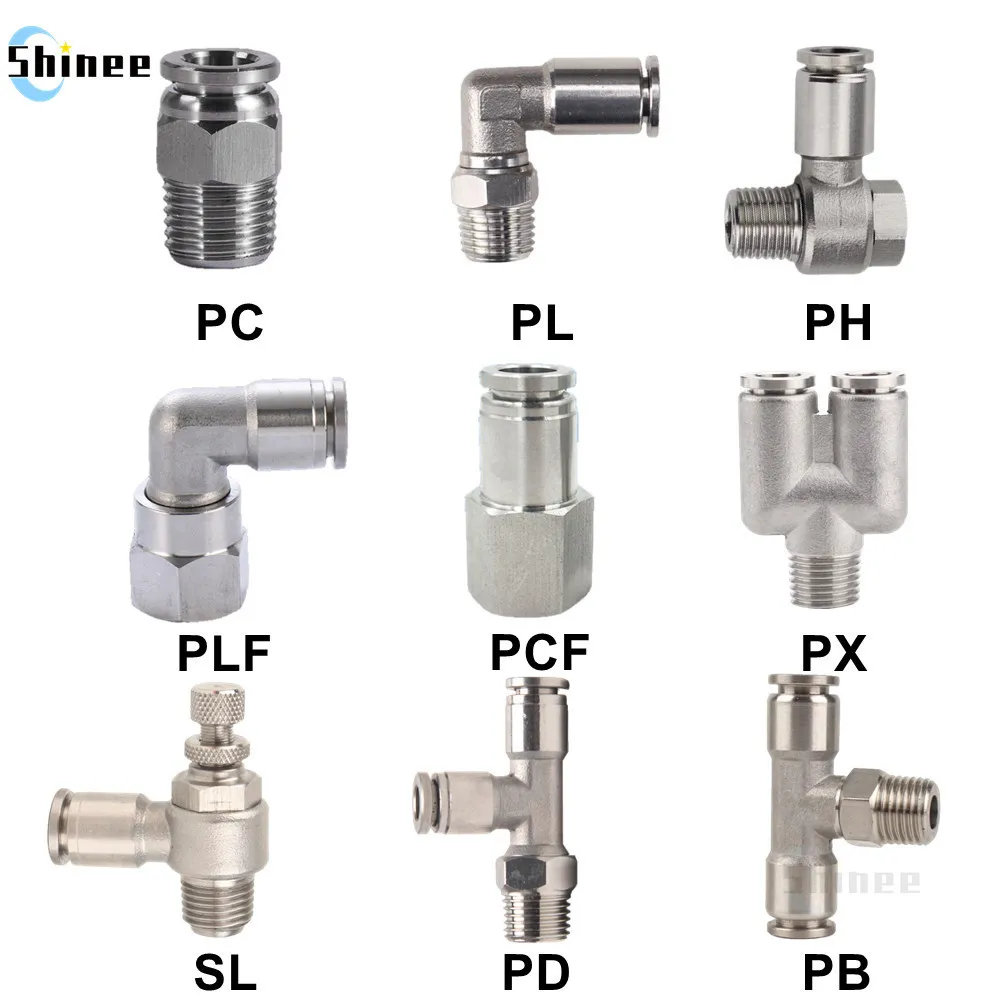 304 stainless steel metal pneumatic quick Connector PC/PCF/PL/PLF/SL/PB/PX/PH/PD 4mm 6mm 8mm Thread 1/8 1/4 3/8 Hose Fittings