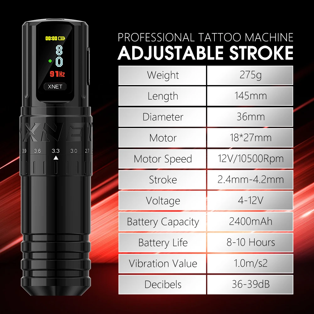 XNET Vipera-máquina de tatuaje inalámbrica profesional, dispositivo con carrera ajustable, pantalla OLED de 2,4-4,2mm, batería de 2400mAh para artistas del tatuaje