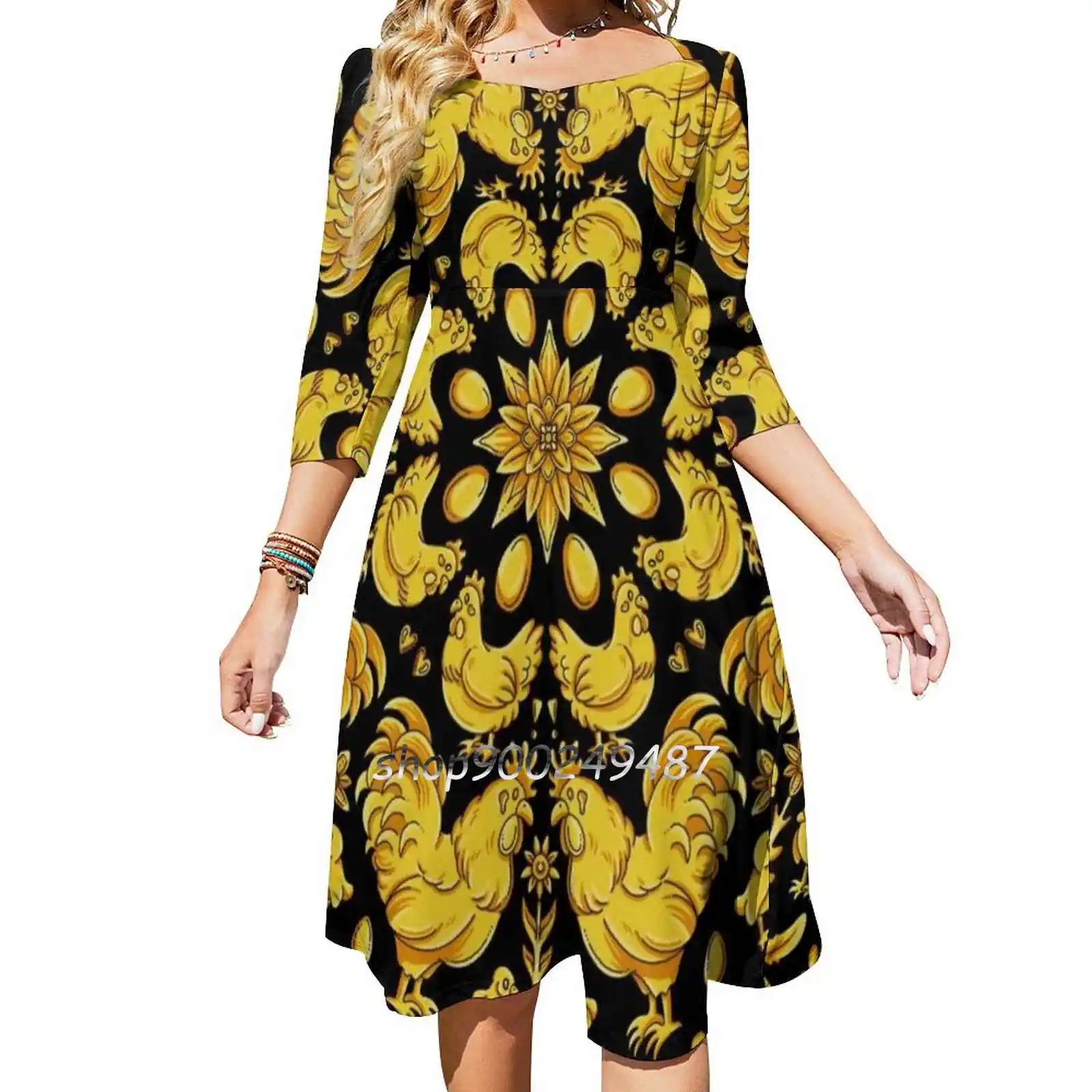 

Designer Chicken-Black Square Neck Dress Sweet Summer Dress Women Elegant Halter Print Dress Chicken Chickens Designer Rooster