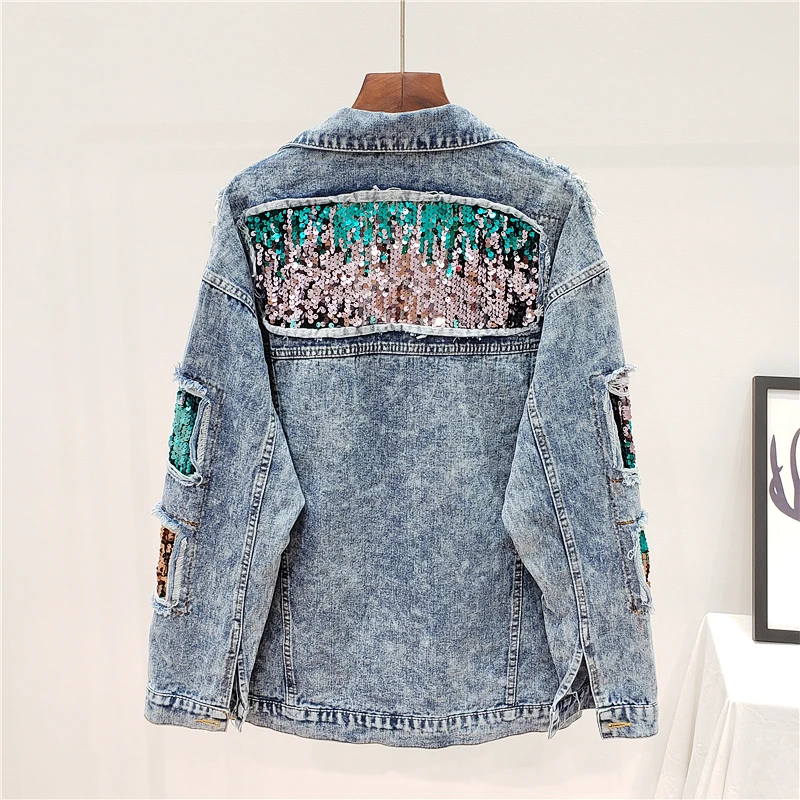 

Denim Women Jacket Autumn 2022 Spring Vintage Collision Color Sequins Shiny Loose Coat Long Sleeve Outerwear Female Coat Fashion