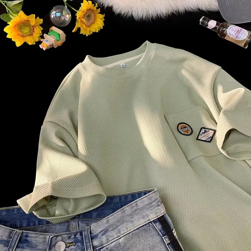 Vintage Waffle Knit Unisex Tee with Applique Pockets - Short Sleeve Oversized Streetwear Top