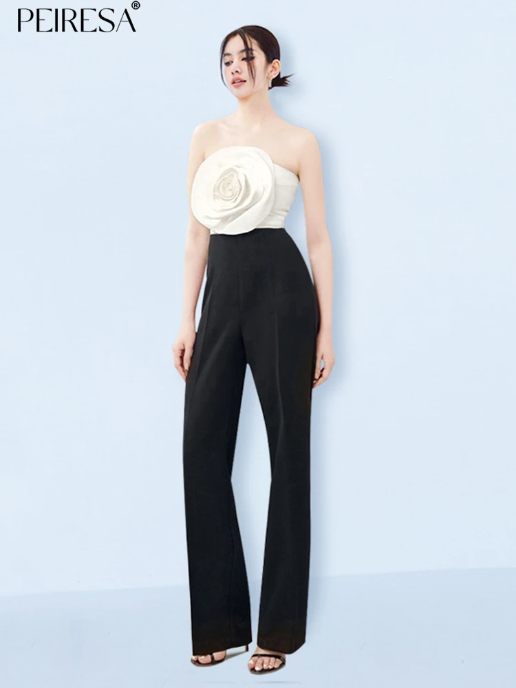 

PEIRESA 2023 Summer New Fashion Celebrity Sexy 3D Flower Strapless Sleeveless Top+ High Waist Slim Pants Two Piece Set Female