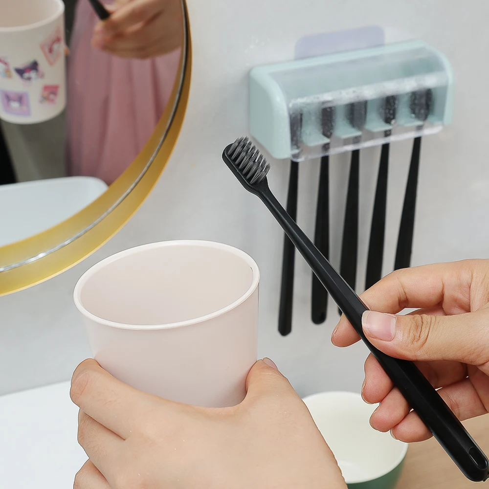 Toothbrush Holder Bathroom Storage Rack Bathroom Wallmount Toothbrush Holder with Cover 5 Slots Without Drilling Home Bathroom Self Adhered Toothbrush Storage Racks