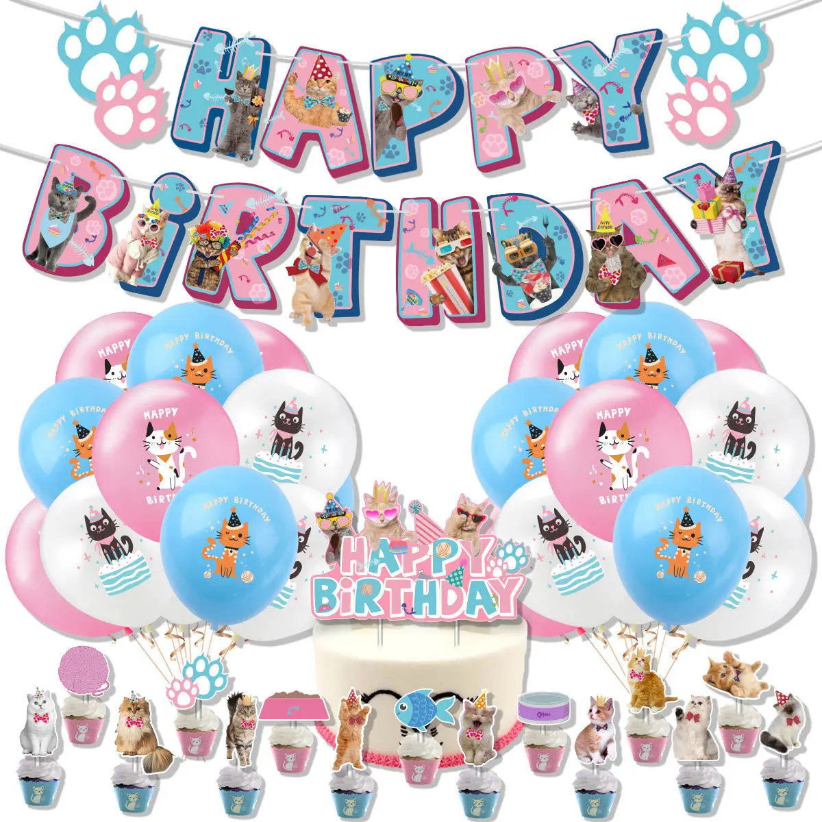 wenskaart met een schattige kat en verjaardag cupcake. hand getekende platte vectorillustratie en gelukkige verjaardag belettering. 8361222 Vectorkunst bij Vecteezy