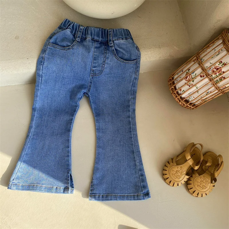 2022SpringBabyGirlsDenimTrousersSolidColorElasticKidsJeans