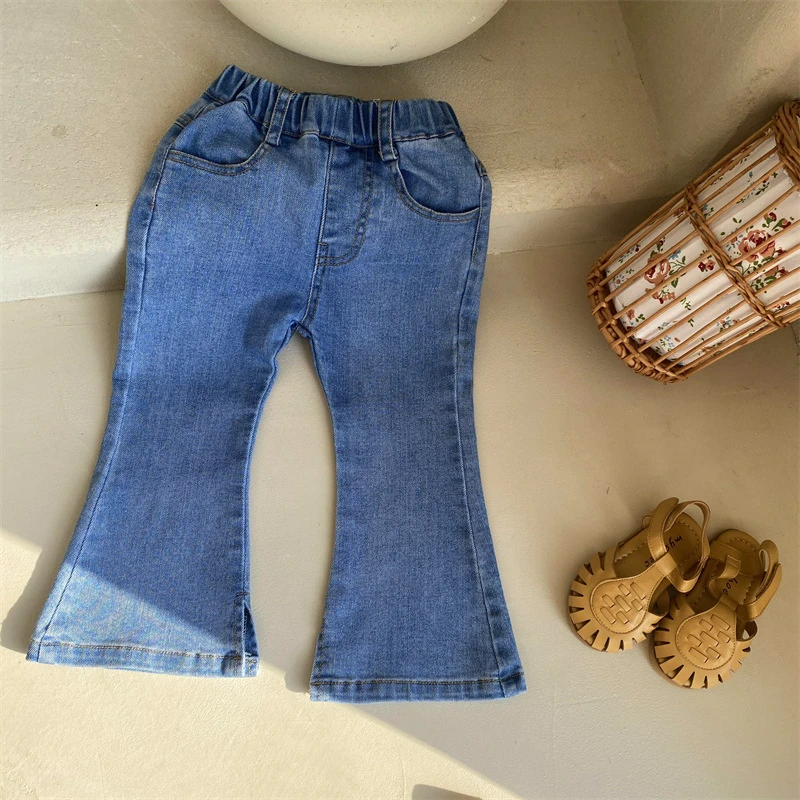2022 Spring Baby Girls Denim Trousers Solid Color Elastic Kids Jeans