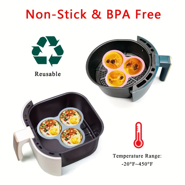 Reusable Air Fryer Egg Mold Non-Stick Air Fryer Baking Pan 3 Cavity Silicone Muffin Pans for Baking Hamburger Bun Pan Bakeware 6