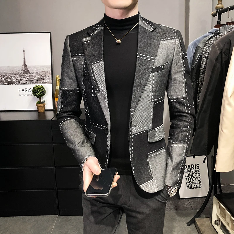 Spring Autumn Blazers Men Slim Fit British Plaid Formal Suit Jacket Party Wedding Business Casual Blazers Male Slim Coat mens blazer