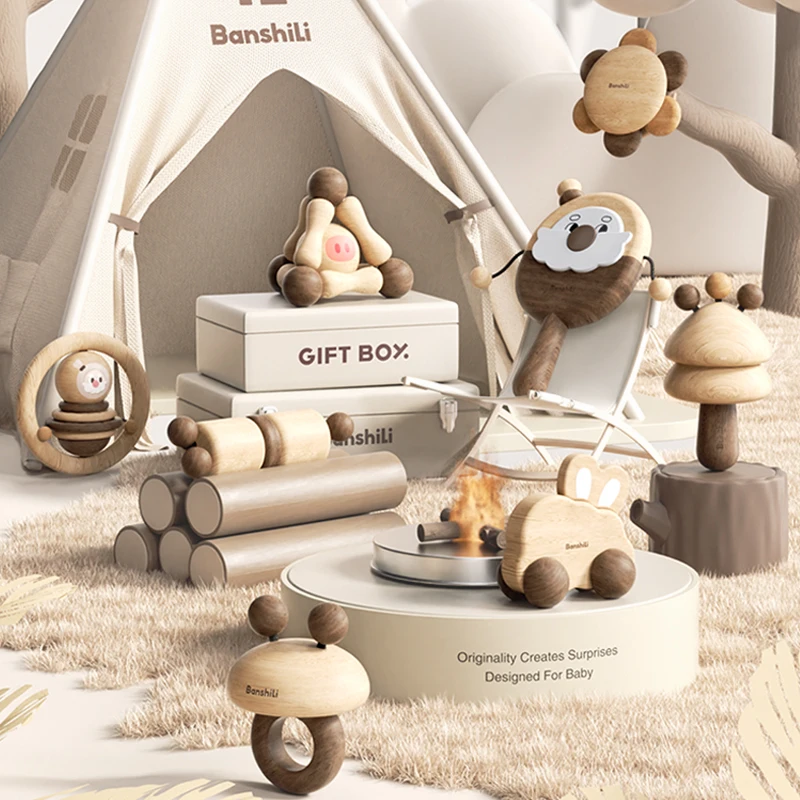 baby wood toy Top Quality 0-6months 1 2 year personalized soft animal wood baby natural new born toys for kids babies