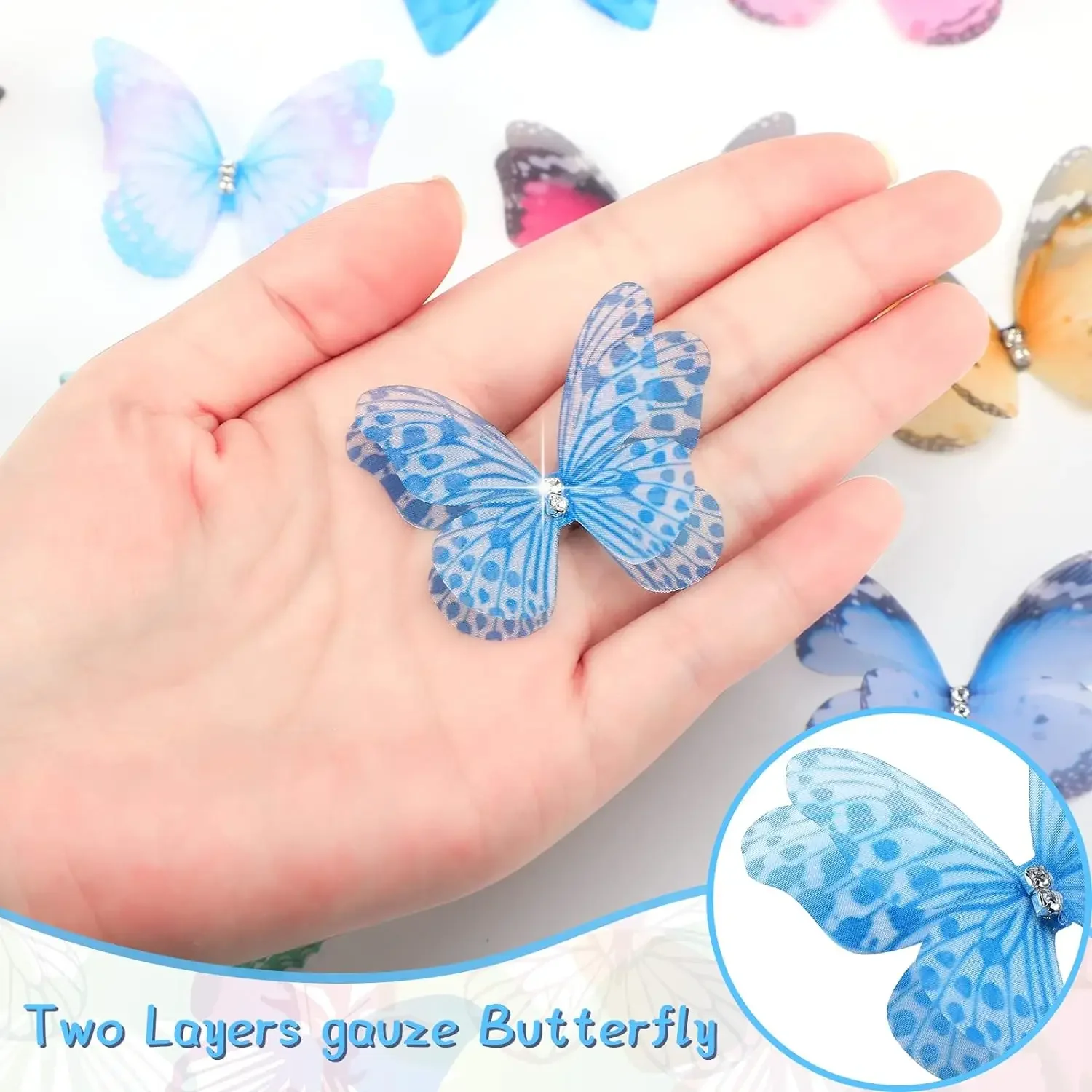 20pcs Organza 나비 다채로운 2 레이어 나비 Applique 3D 벽 장식 DIY 나비 장식 공예 결혼식 장식