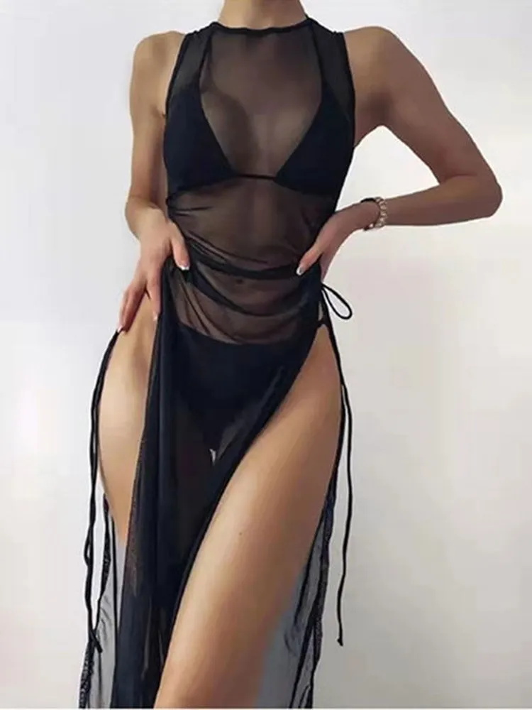 

Women's Swimsuit Solid Color Sexy High Waist Wire Free With Chest Pad Two-piece Set Wire Free Net Yarn Bikini Swimsuit