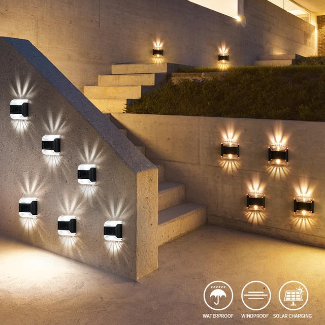 Luces solares LED al aire libre impermeable arriba y abajo Iluminación  luminosa Lámpara de pared Decoración de jardín Escaleras Valla Balcón  Lámpara de luz solar - AliExpress