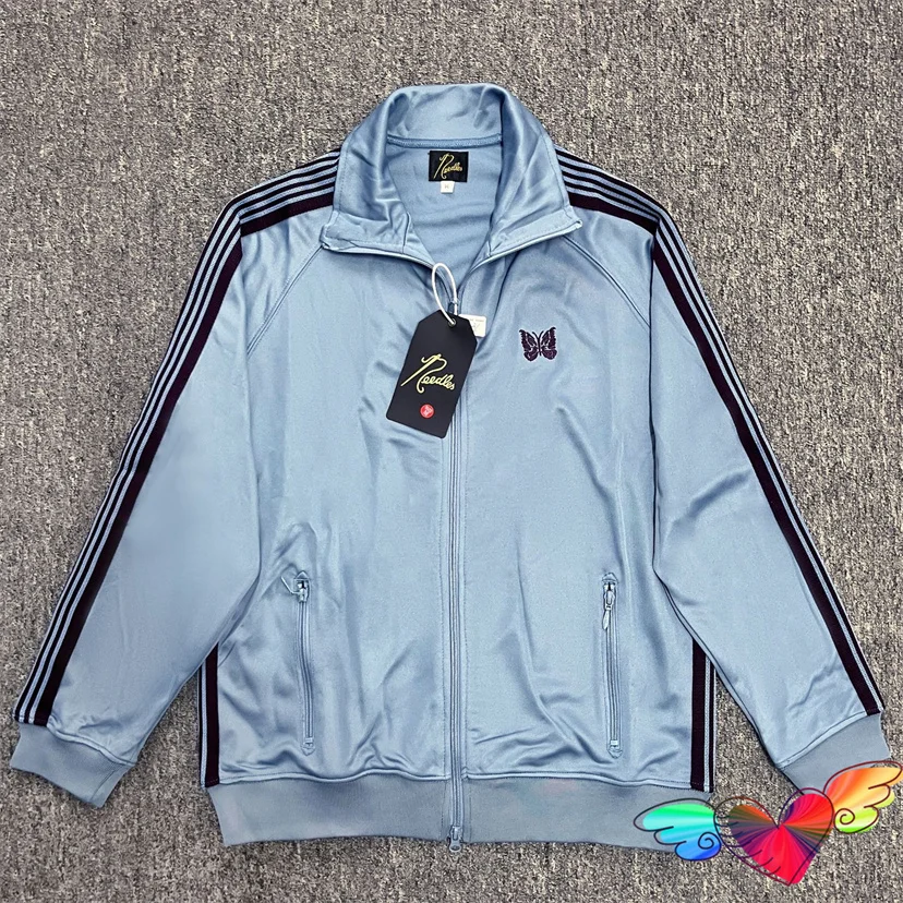 

2024 Blue Zip Needles Track Jacket Men Women High Street AWGE Needles Sporty Coats Woven Stripe Embroidered Butterfly Outerwear