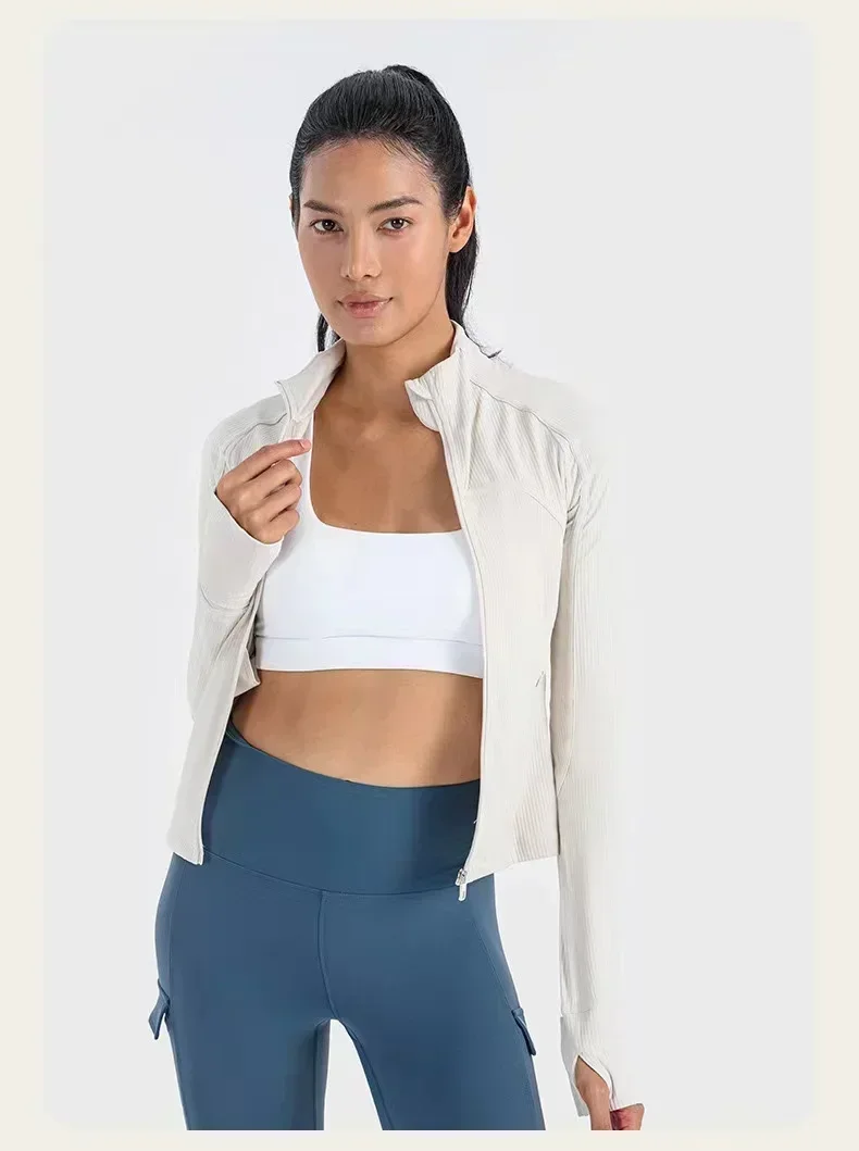 Lemon Women Ribbed Cropped Define Stand Neck Sports Jacket Utdoor Lightweight Breathable High Elastic Fitness Yoga Coat