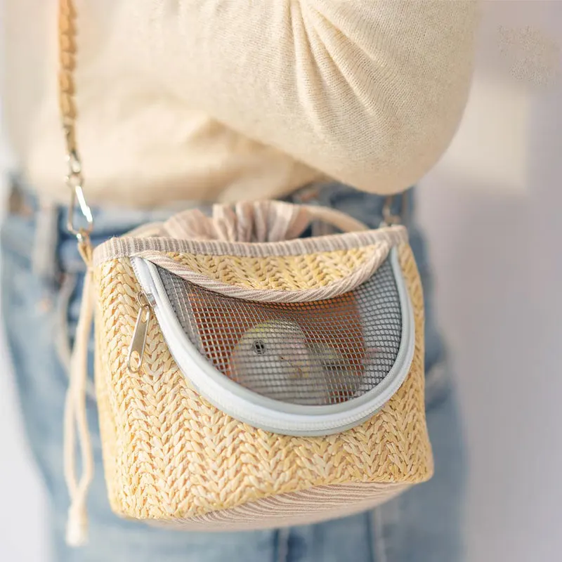 Parrot Cage Go Out with Straw Woven Peony Bird Small Pet Backpack Portable Breathable Outer Cage Bird Supplies Bird Cages