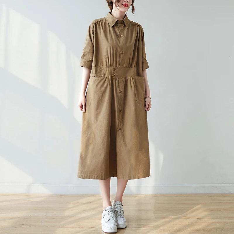 

2023 New Arrival Korea Style Simple Personality Chic Girl's Summer Blouse Dress Loose Women Travel Casual Midi Dress
