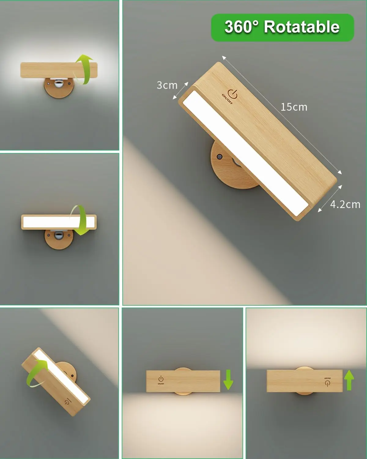 LED Wood Wall Lamp 3 Colors Remote Control 360 Rotate Magnetic Wall Sconce Touchable For Bedroom Cordless Reading Lamp