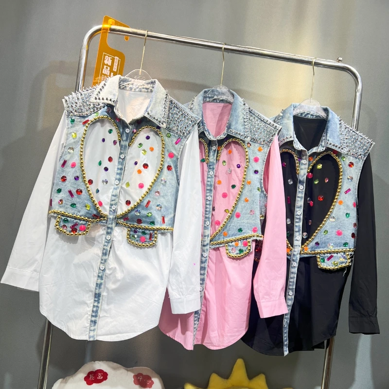 2024 Spring Heavy Industry Manual Beaded Coat Women's Clothes Casual Blouse Loose Stitching Single-breasted Denim Shirt Female