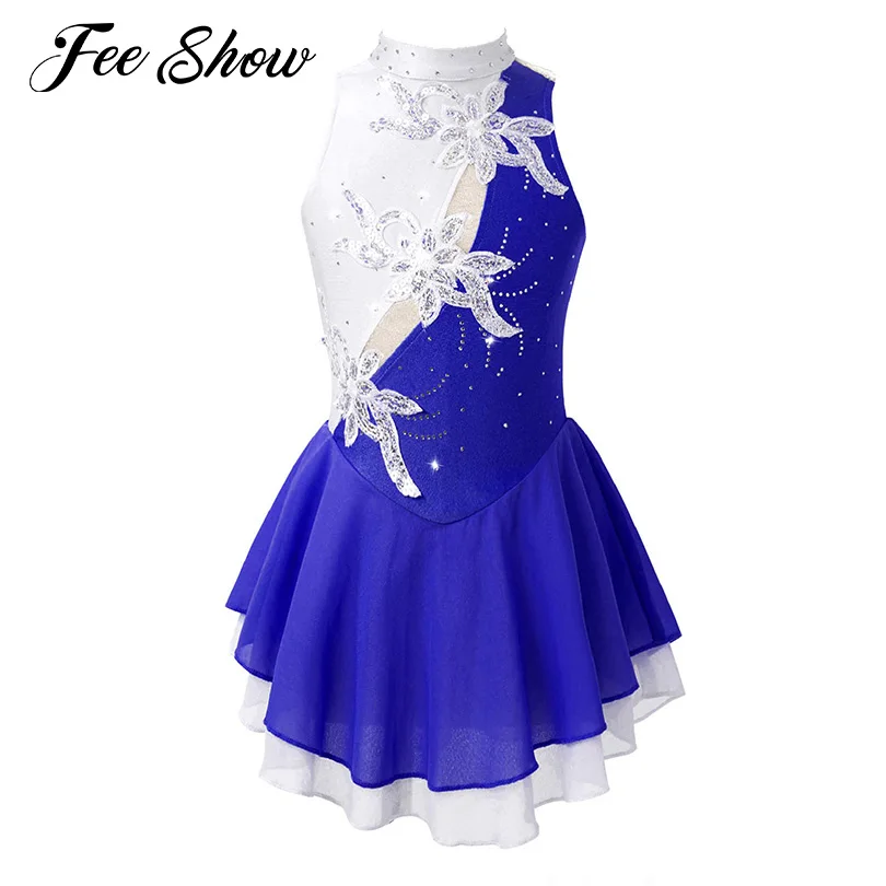 

Kids Shiny Sequins Lyrical Dance Dress Children Girls Mesh Splice Ice Skating Dance Dress Gymnastics Ballet Leotards Dancewear