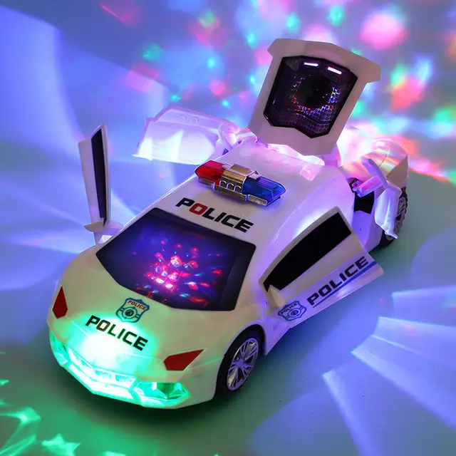 Electric Deformation Rotating Toy Car Universal Police Car Stunt Car with Light Sound Automatic Door Opening Boys Toy for Kids