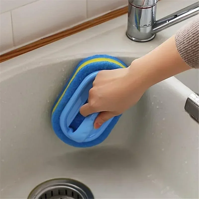 Kitchen Cleaning Brush with Handle Pot Washing Sponge Thick Scouring Pad Ceramic Tile Wall Cleaning Purifying Artifact