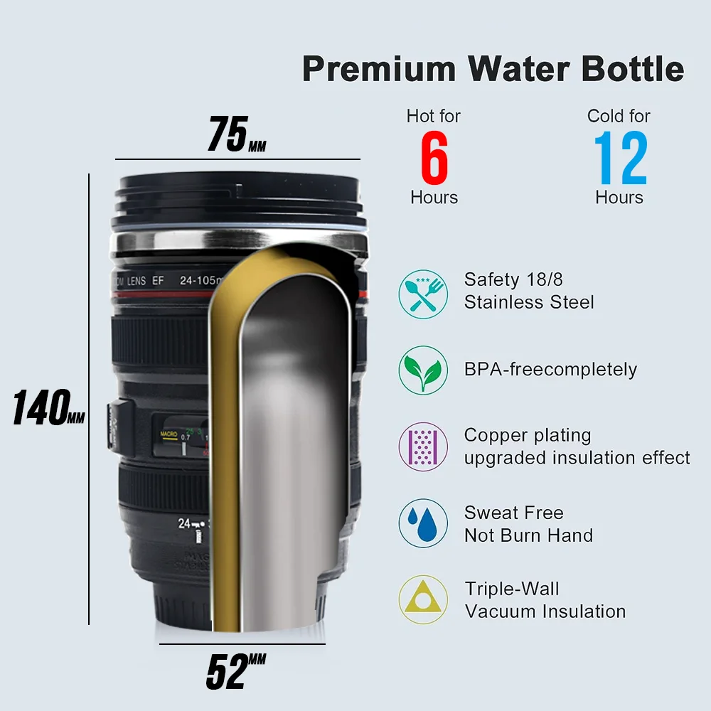 Camera Lens Coffee Mug Thermo Bottle Tumbler Thermal Insulation