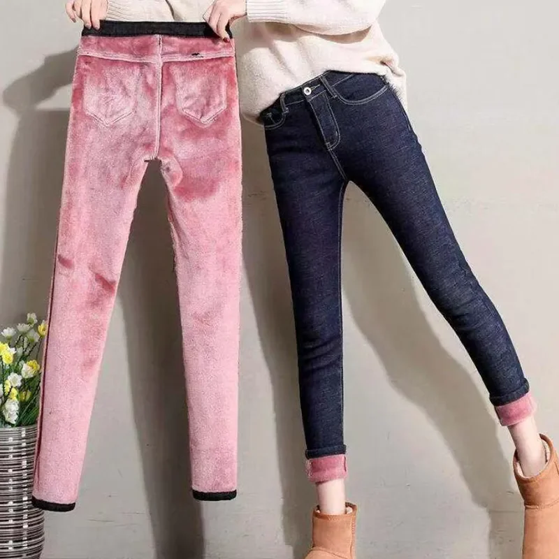 women thermal jeans winter snow warm plush stretch jeans lady skinny thicken fleece denim long pants retro pencil trousers 2023 Women Thermal Jeans Winter Snow Warm Plush Stretch Jeans Lady Skinny Thicken Fleece Denim Long Pants Retro Pencil Trousers 2023