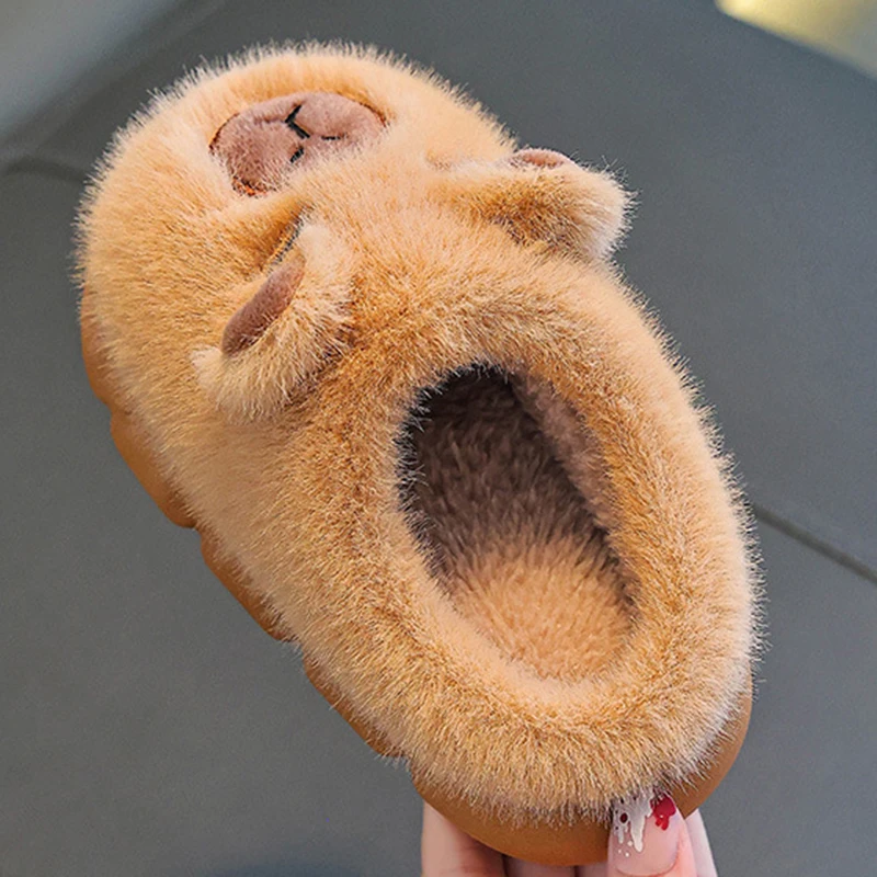 Capybara Cartoon Fluffy Slippers Children Indoor Soft Bottom Mother-Child Cotton Slippers Anti Slip Winter Warm Plush Slides 45