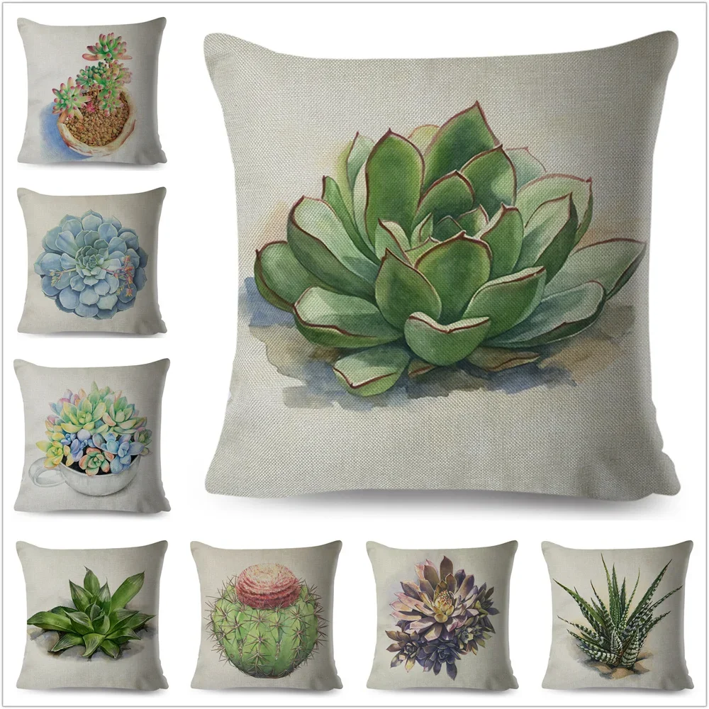 

4PCS /SET Watercolor Succulent Plants Pillow Case Linen 45x45CM Decor Cartoon Cactus Cushion Cover for Car Sofa Pillowcase