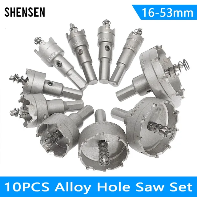 Jeu de scies cloche en alliage, 10 pièces, 16-53mm, pointe en carbure TCT, Kits de forets à noyau de coupe en métal pour couronne de perçage en métal en acier inoxydable 1