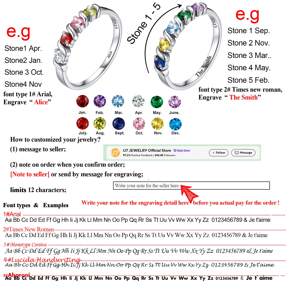 U7 925 Sterling Silver 1-5pcs Birthstones Ring for Woman Promise Engagement Wedding Custom Family Jewelry Gift Mother Grandma