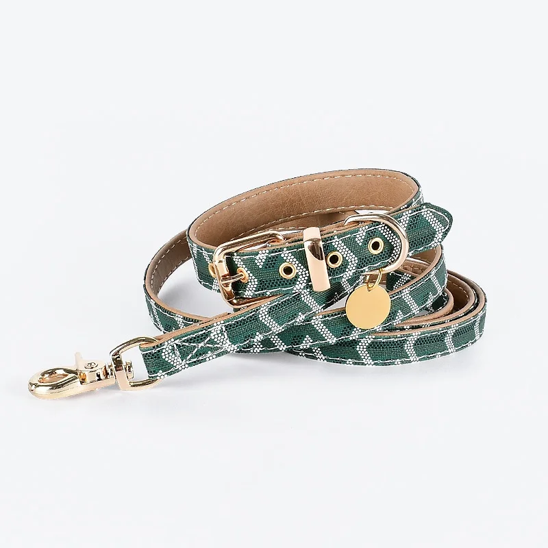 soft leather pet collar and leash set luxury Snakeskin pattern dog collar traction rope outdoor adjustable walking pet leash pet leash set