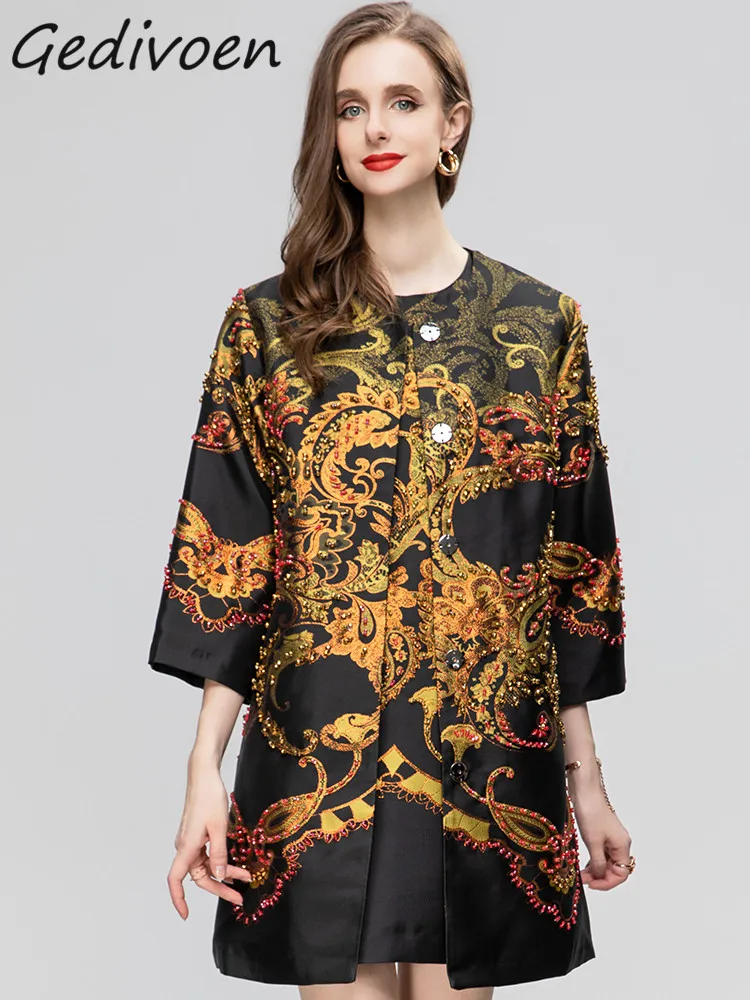 

Gedivoen Летняя мода дизайнерская Роскошная жаккардовая куртка пальто для женщин О-образный вырез бриллиант бисером уличная одежда свободная длинная куртка пальто