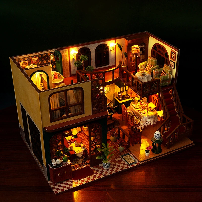 DIY Wooden Miniature Model Kit European Villa Casa 3D Puzzle Dollhouse With Furniture Lights Home Decor House for Friends Gifts 4
