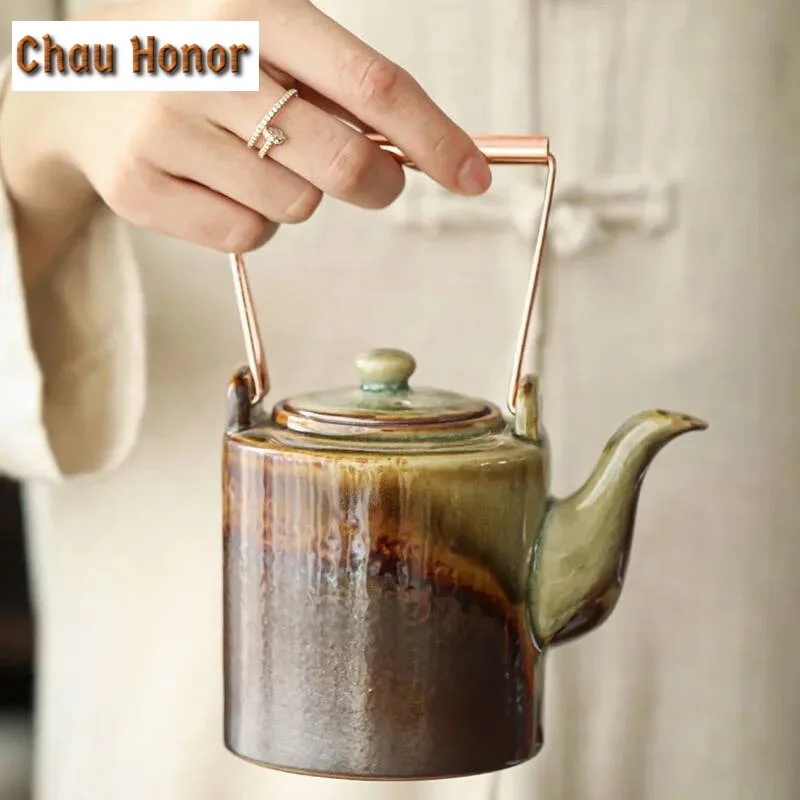 400ML Retro Wood-fired Loop-handled Teapot Handmade Single Pot with Filter Japanese Retro Kiln Change Household Kung Fu Teaware