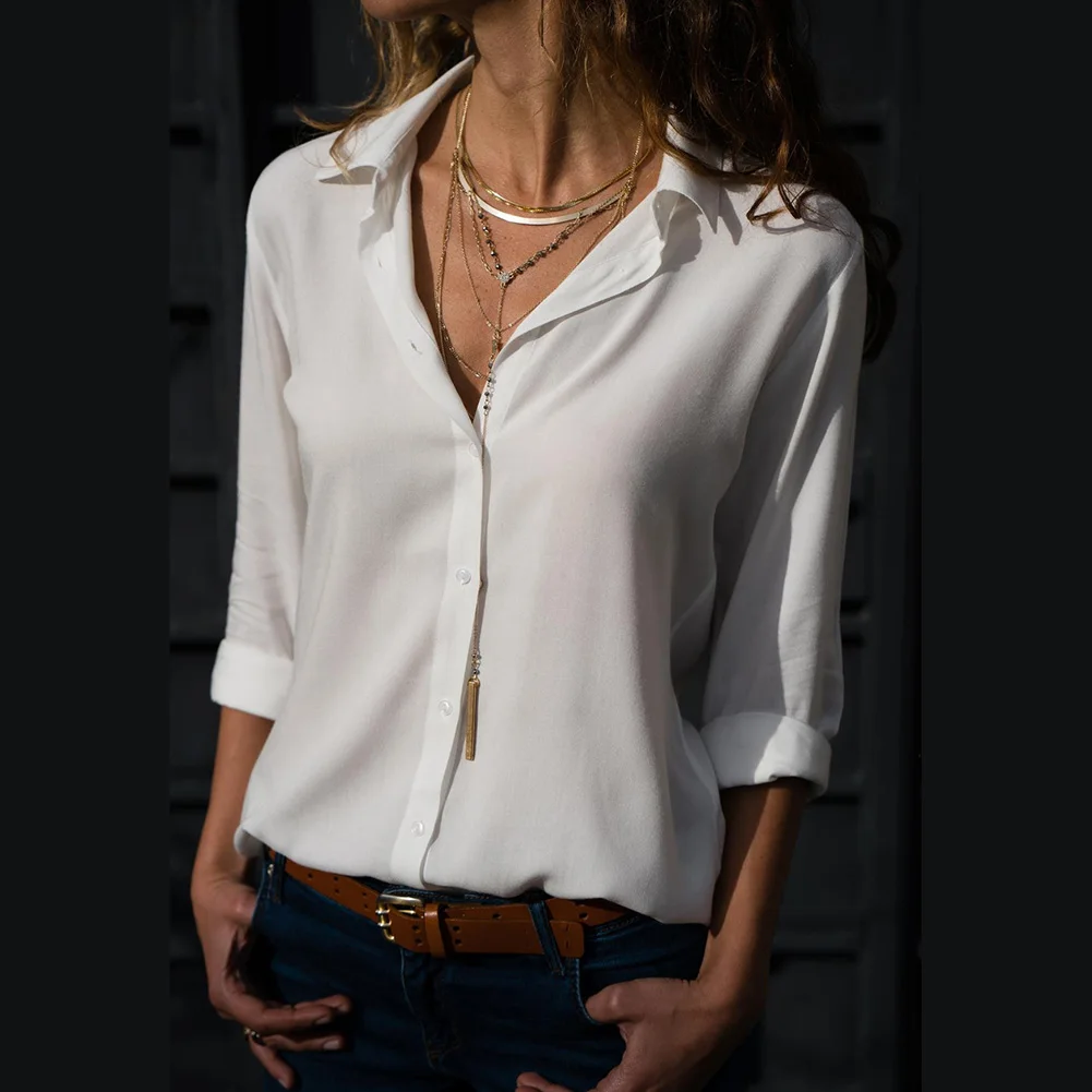 

Женская шифоновая блузка с длинным рукавом, свободного покроя, с V-образным вырезом
