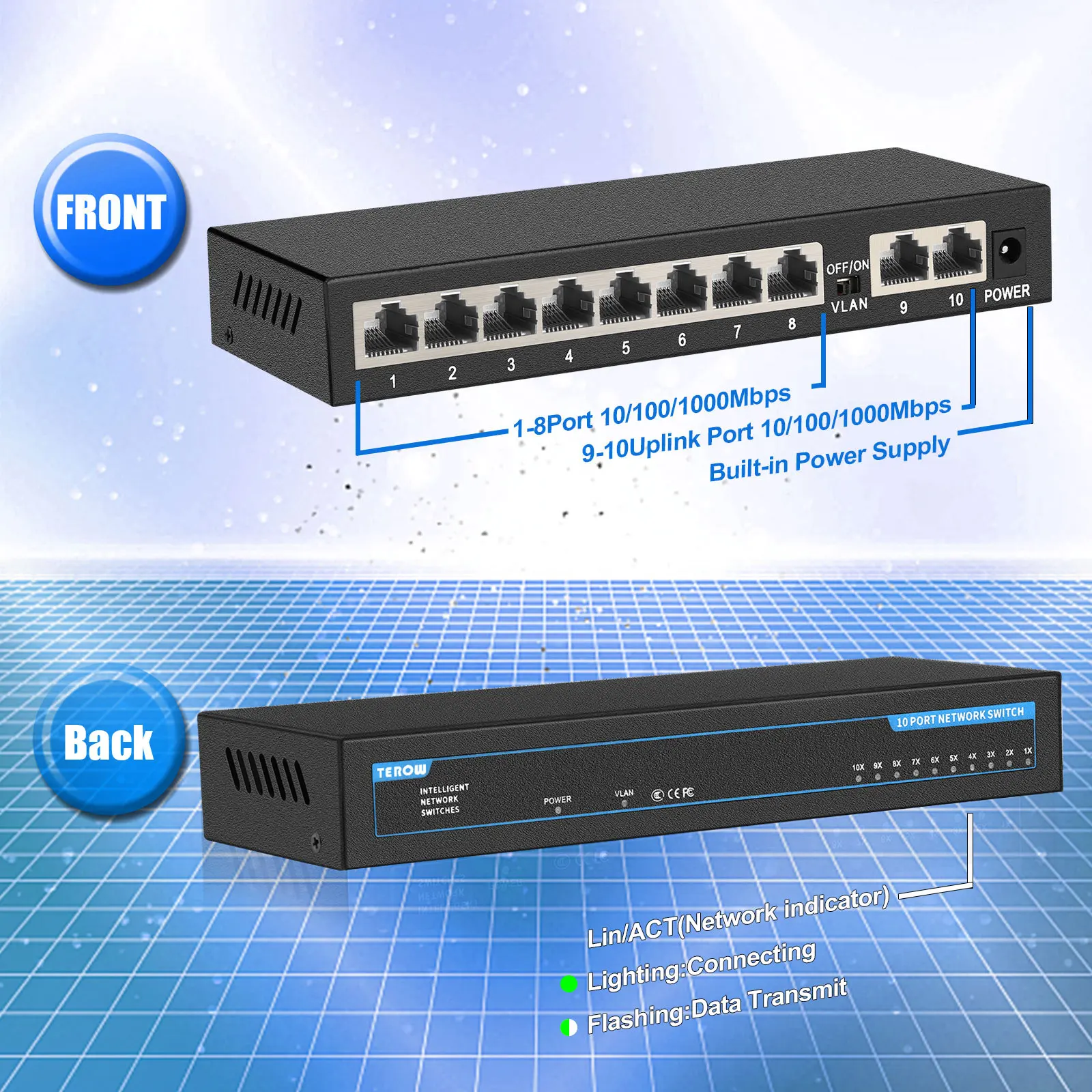 10 portas switch ethernet rápido, 1000mbps, switch
