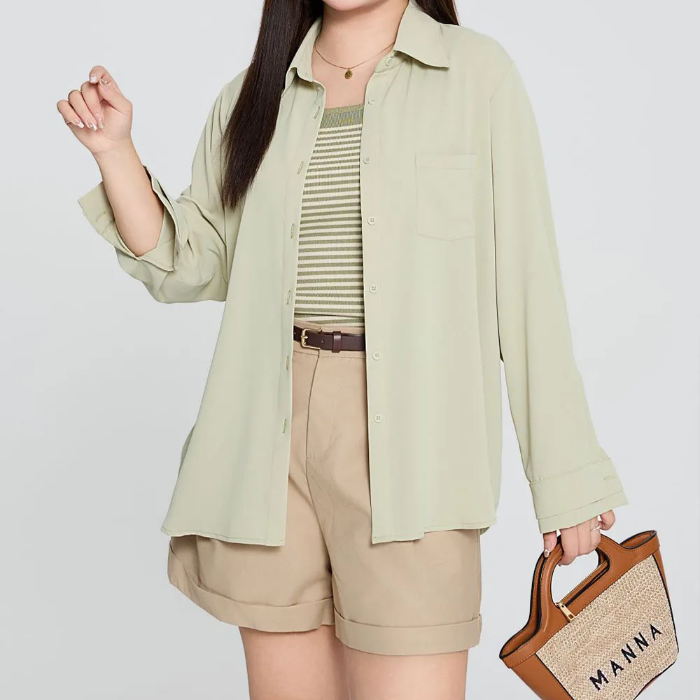 sun-protective-shirt-and-khaki-shorts-for-women-mint-green-wrinkle-free-casual-good-quality-plus-size-spring-summer-2-pieces