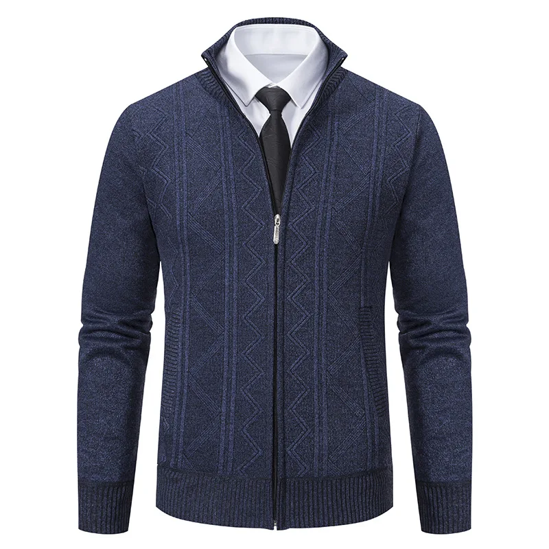 Winter Thick Men's Knitted Sweater Coat Off White Long Sleeve Cardigan Fleece Full Zip Male Causal Plus Size Clothing for Autumn