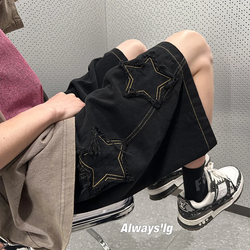 Star Patchwork Shorts Men Summer All-match Hot Sale Ulzzang Leisure Streetwear Chic Denim Short Pants Plus Size 5XL