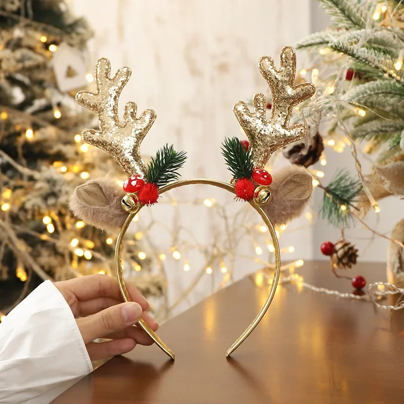 Christmas Hair Band Gold Red Elk Horn Bell Headband Merry Christmas Gifts For Kids Happy Party Decor Sequined Headwear for Girls