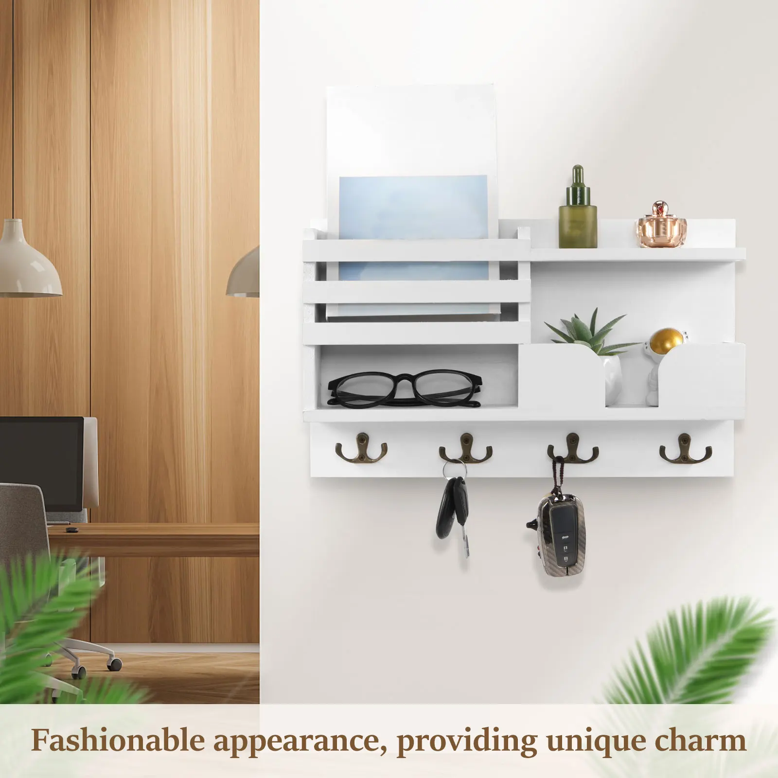 Wood Mail and Key Organizer Multifunctional Mail and Key Rack Practical Mail and Key Shelf Wall Mounted Mail and Key Holder 4
