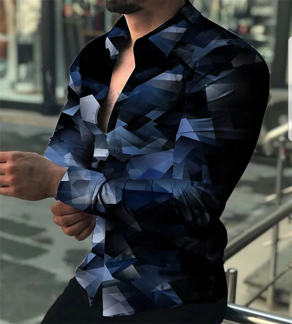 남성용 긴팔 단추 셔츠, 컬러 스퀘어 기하학 패턴, 3D 인쇄, 야외 거리 패션 디자인, 캐주얼